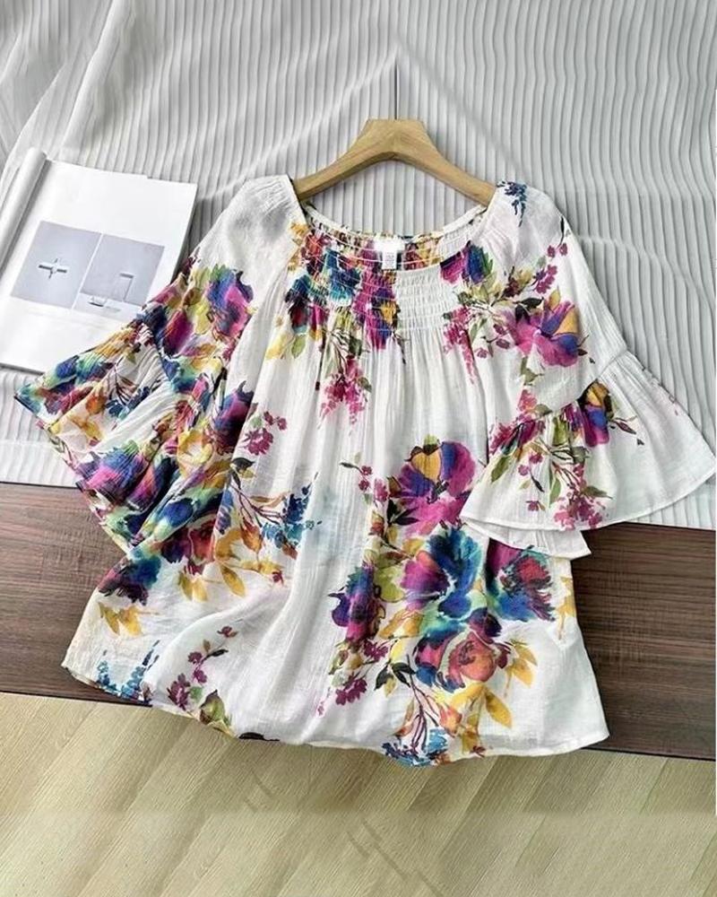 Floral Print Shirred Round Neck Top