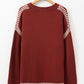 Red Dahlia Color Contrast Trim Drop Shoulder Crew Neck Sweater