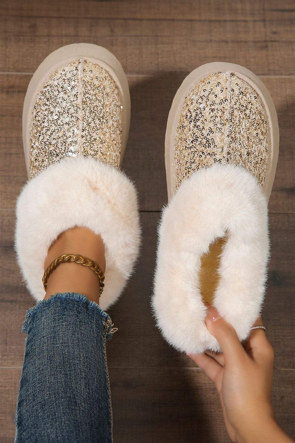 Gold Sequin Plush Lined Thick Sole Snow Boots