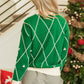 Dark Green Diamond Pattern Pom Accents Contrast Trim High Neck Sweater