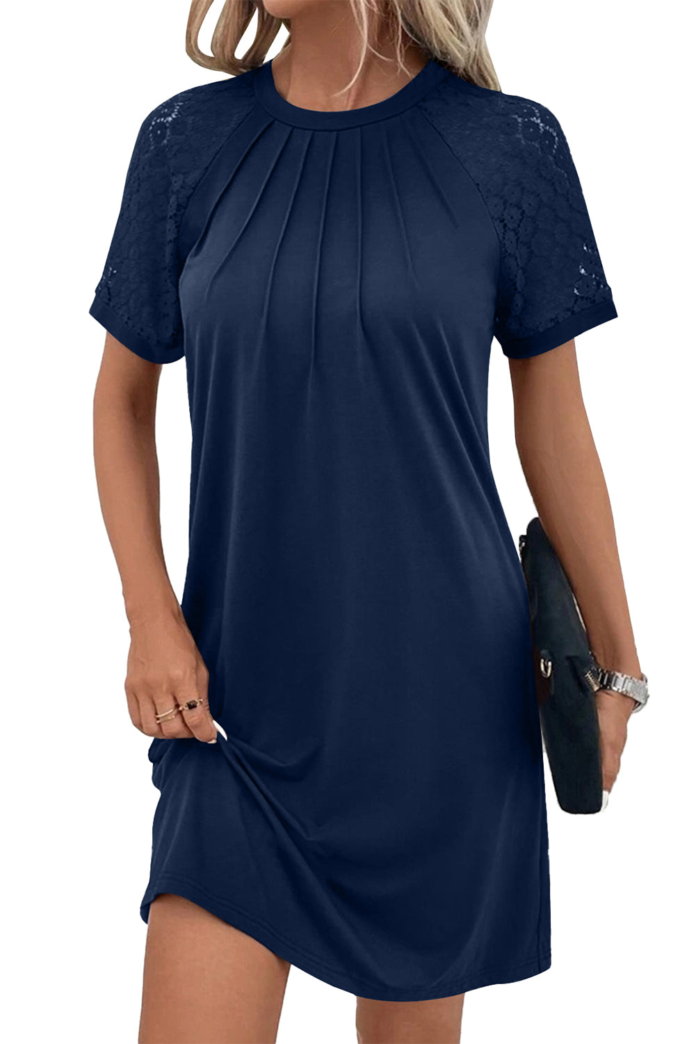 Navy Blue Contrast Lace Raglan Sleeve Pleated Detail Shift Dress