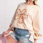 Beige Plus Size Flower Patched Side Slits Crewneck Top