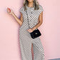 Khaki Checkered Print Buttoned Crew Neck Wide Leg Jumpsuit