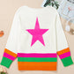 White Star Pattern Colorblock Striped Edge Drop Shoulder Sweater