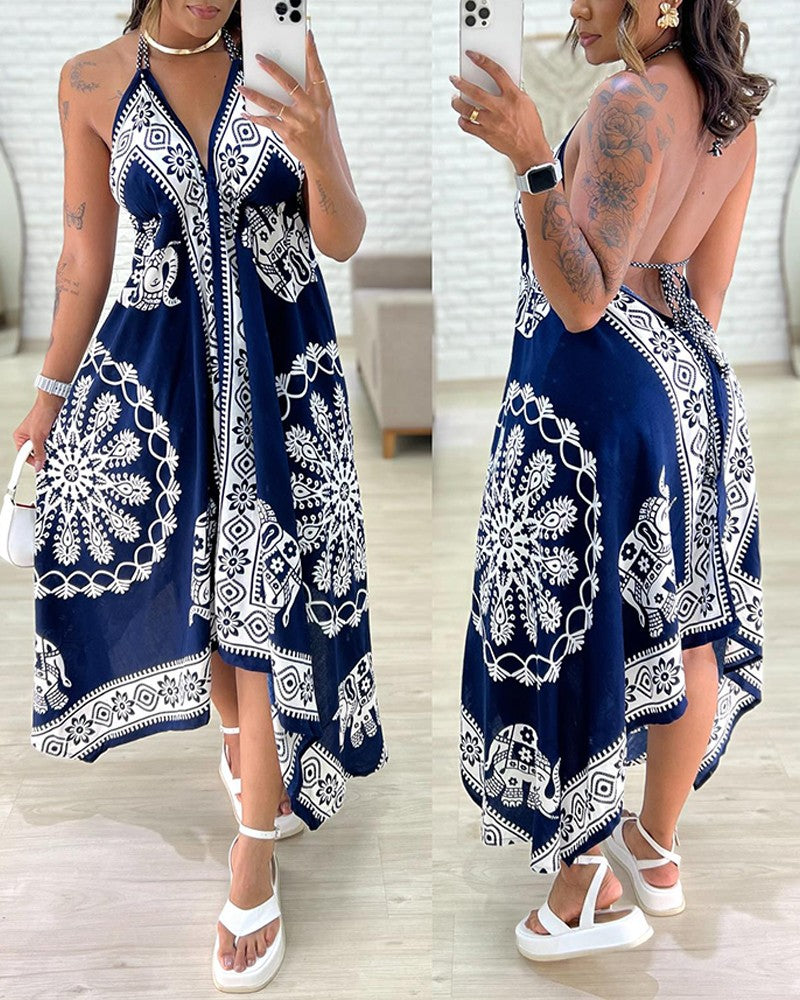 Tribal Print Halter Backless Dress