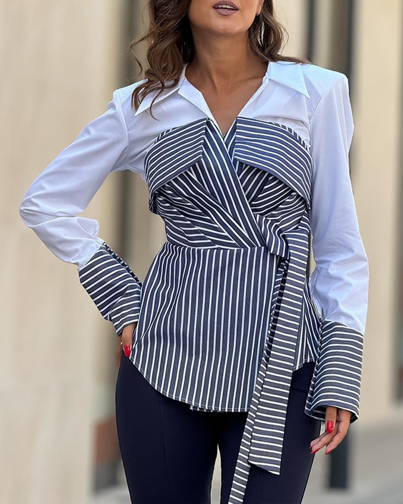 Striped Turn Down Collar Shirt Tied Detail Buttoned Long Sleeve Top