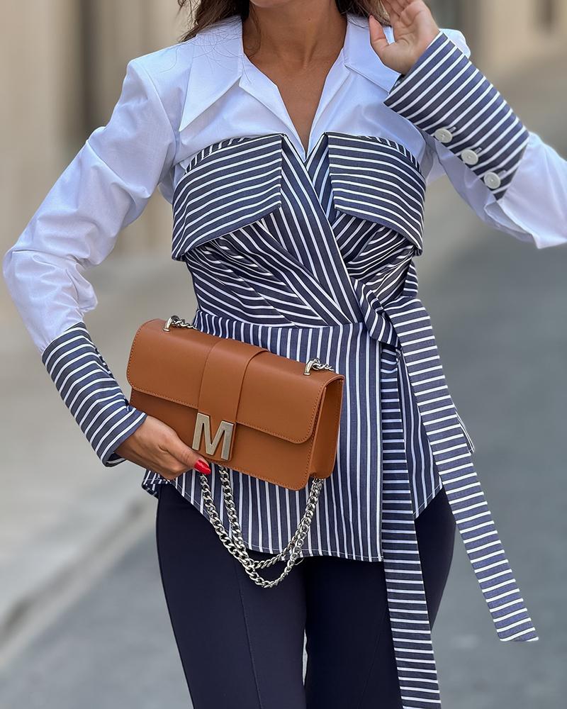 Striped Turn Down Collar Shirt Tied Detail Buttoned Long Sleeve Top