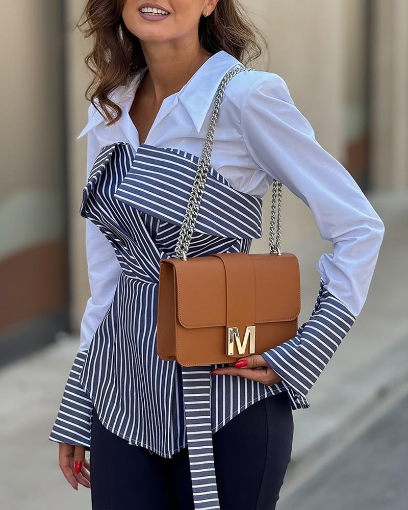 Striped Turn Down Collar Shirt Tied Detail Buttoned Long Sleeve Top