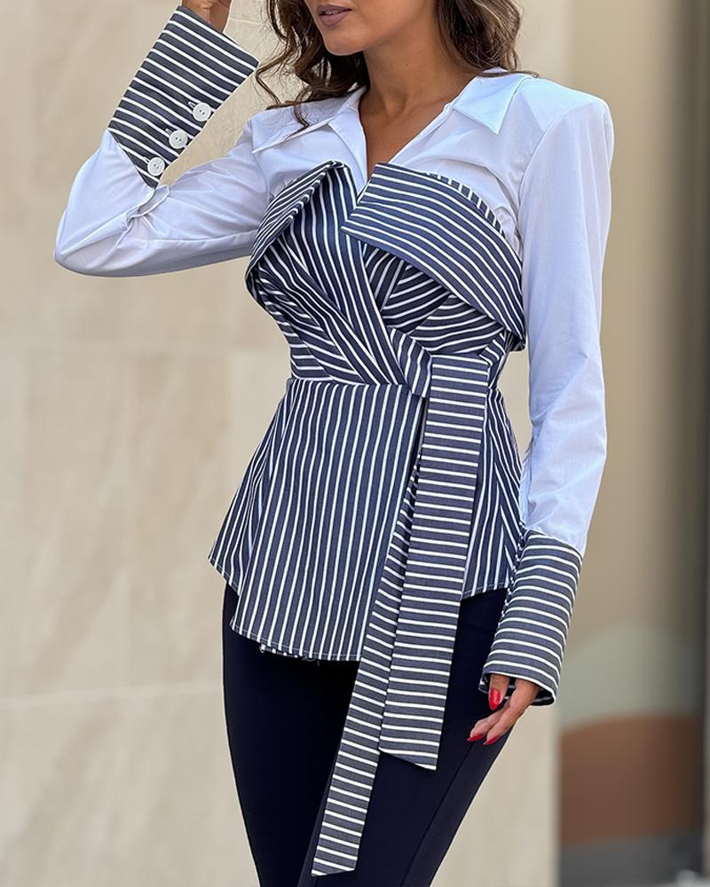 Striped Turn Down Collar Shirt Tied Detail Buttoned Long Sleeve Top