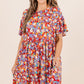 Red Dainty Flower Printed Plus Size Short Sleeve Shift Dress