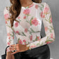 Floral Print Round Neck Long Sleeve Sheer T Shirt Casual Srechy Slim Fit Top