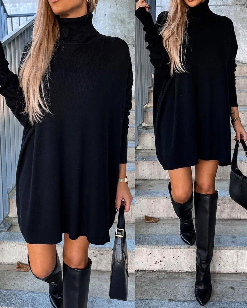 High Neck Long Sleeve Knit Sweater Dress