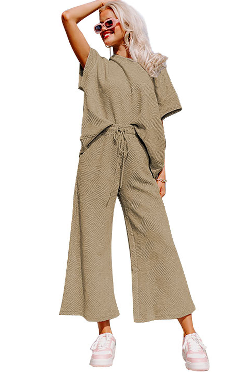 Pale Khaki Textured Loose Fit T Shirt and Drawstring Pants Set