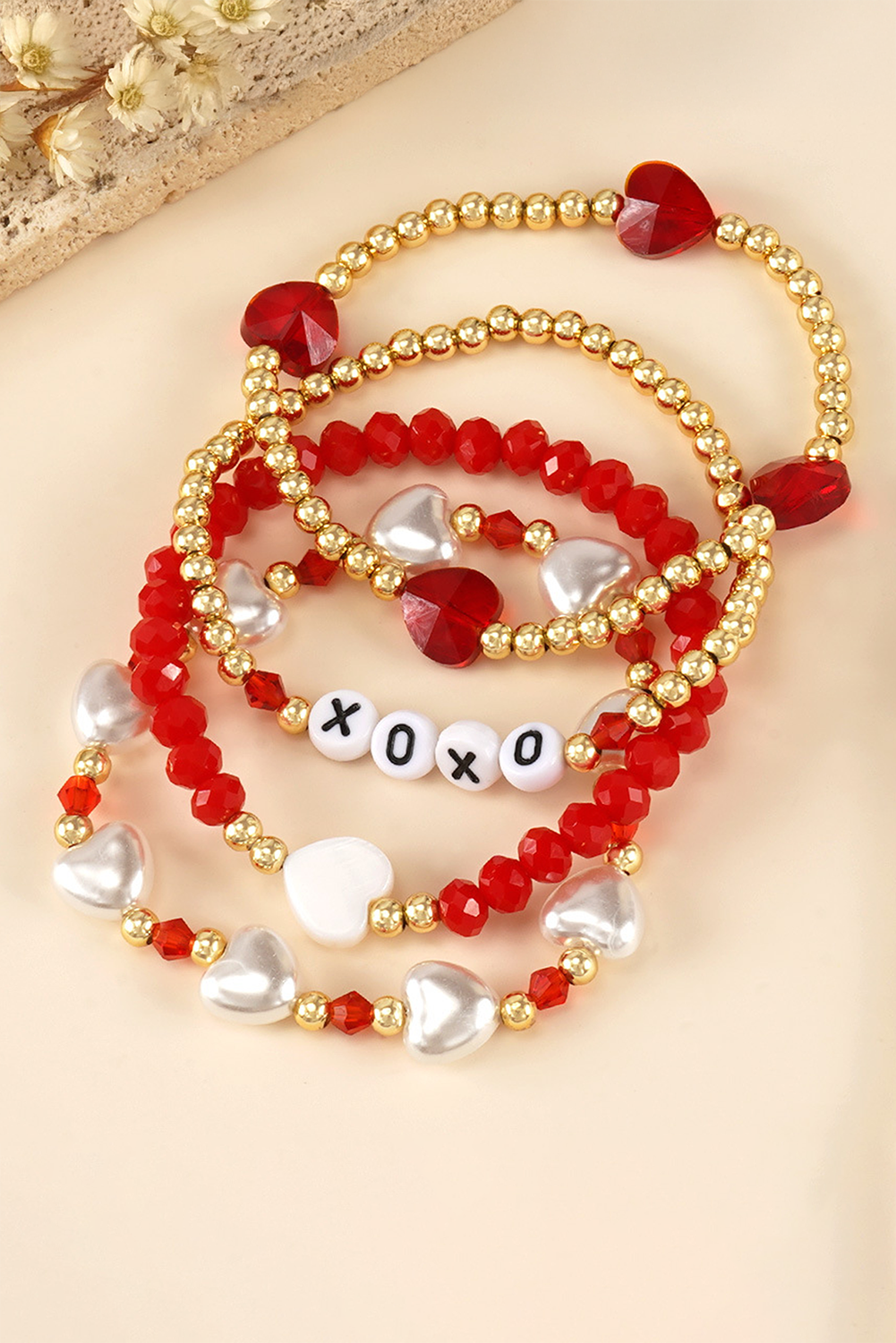 Fiery Red XOXO Heart Beaded 4pcs Layered Bracelet