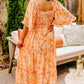 Orange Floral Print Smocked V Neck Wide Sleeve Maxi Dress