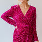 Pitaya Pink Velvet Sequin Long Sleeve V Neck Wrapped Mini Dress