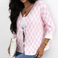 Light Pink Checkered Knitted Lace-up Ruffled 3/4 Sleeve Cardigan