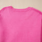 Bright Pink Corded Flower Bow Ribbed Trim Casual Sweater