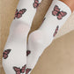 White Butterfly Pattern Ribbed Edge Soft Crew Socks