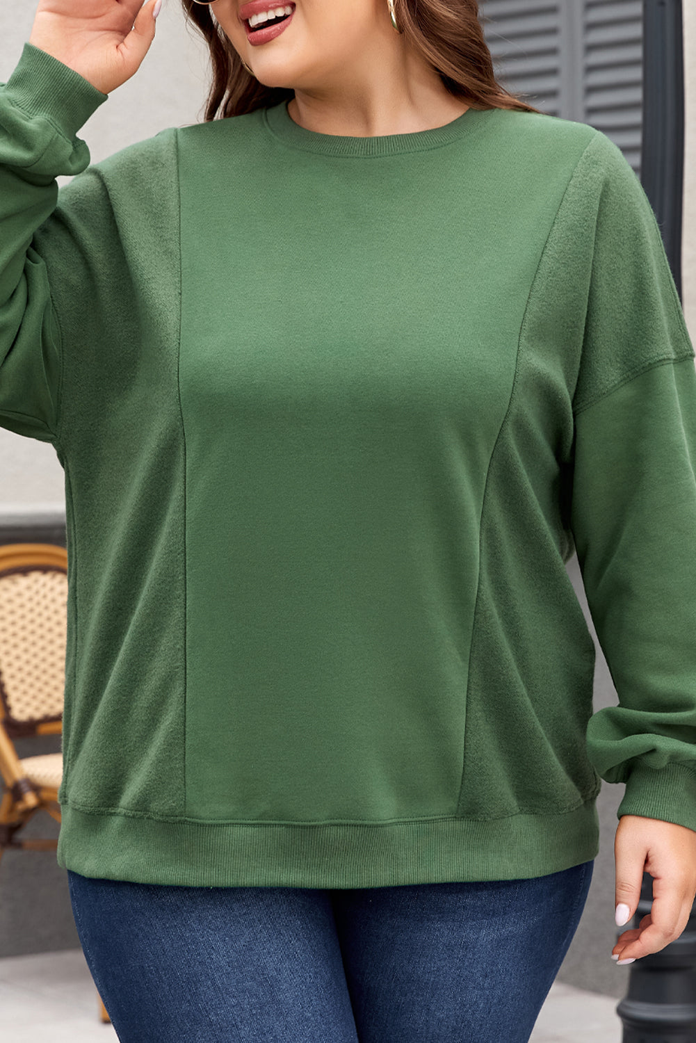 Blackish Green Loose Patchwork Crewneck Plus Size Sweatshirt