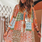 Orange Boho Paisley Mixed Print 3/4 Sleeve Chiffon Loose Dress