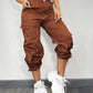 Pocket Design Button Front Cargo Pants Casual High Waisted Cuffed Pants