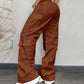 Pocket Design Button Front Cargo Pants Casual High Waisted Cuffed Pants