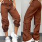 Pocket Design Button Front Cargo Pants Casual High Waisted Cuffed Pants