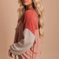 Fiery Red Color Block Long Sleeve Ribbed Loose Top