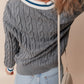 Medium Grey Color Contrast Ribbed Edge Cable Knit V Neck Sweater