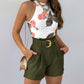 Floral Print Basic Tank Top & Shorts Set With Belt