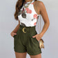 Floral Print Basic Tank Top & Shorts Set With Belt