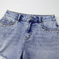 Beau Blue Pearl Studded Pockets Raw Hem Denim Shorts