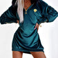 Velvet Fuzzy Trim Hooded Ruched Long Sleeve Zip Up Mini Dress