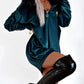 Velvet Fuzzy Trim Hooded Ruched Long Sleeve Zip Up Mini Dress