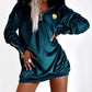 Velvet Fuzzy Trim Hooded Ruched Long Sleeve Zip Up Mini Dress