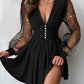 Glitter Plunge Long Sleeve Sheer Mesh Patch Dress Ruched A Line Button Front Casual Dress