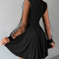 Glitter Plunge Long Sleeve Sheer Mesh Patch Dress Ruched A Line Button Front Casual Dress