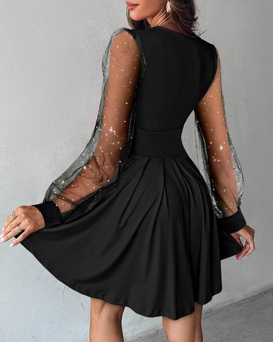 Glitter Plunge Long Sleeve Sheer Mesh Patch Dress Ruched A Line Button Front Casual Dress