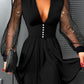 Glitter Plunge Long Sleeve Sheer Mesh Patch Dress Ruched A Line Button Front Casual Dress