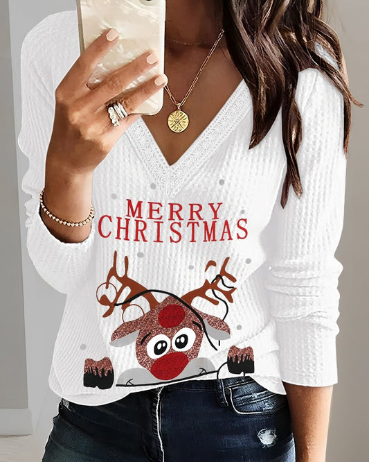 Merry Christmas Cartoon Reindeer Print V Neck Contrast Lace Top