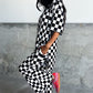 Black Checkered Print Half Sleeve Tunic Top and Flared Pants Set