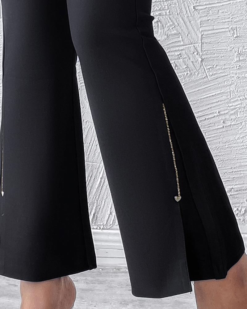 Slit Hem Rhinestone Decor High Waist Pants