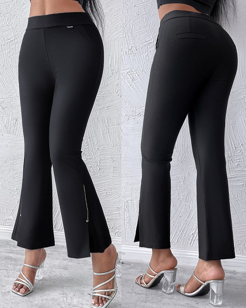 Slit Hem Rhinestone Decor High Waist Pants