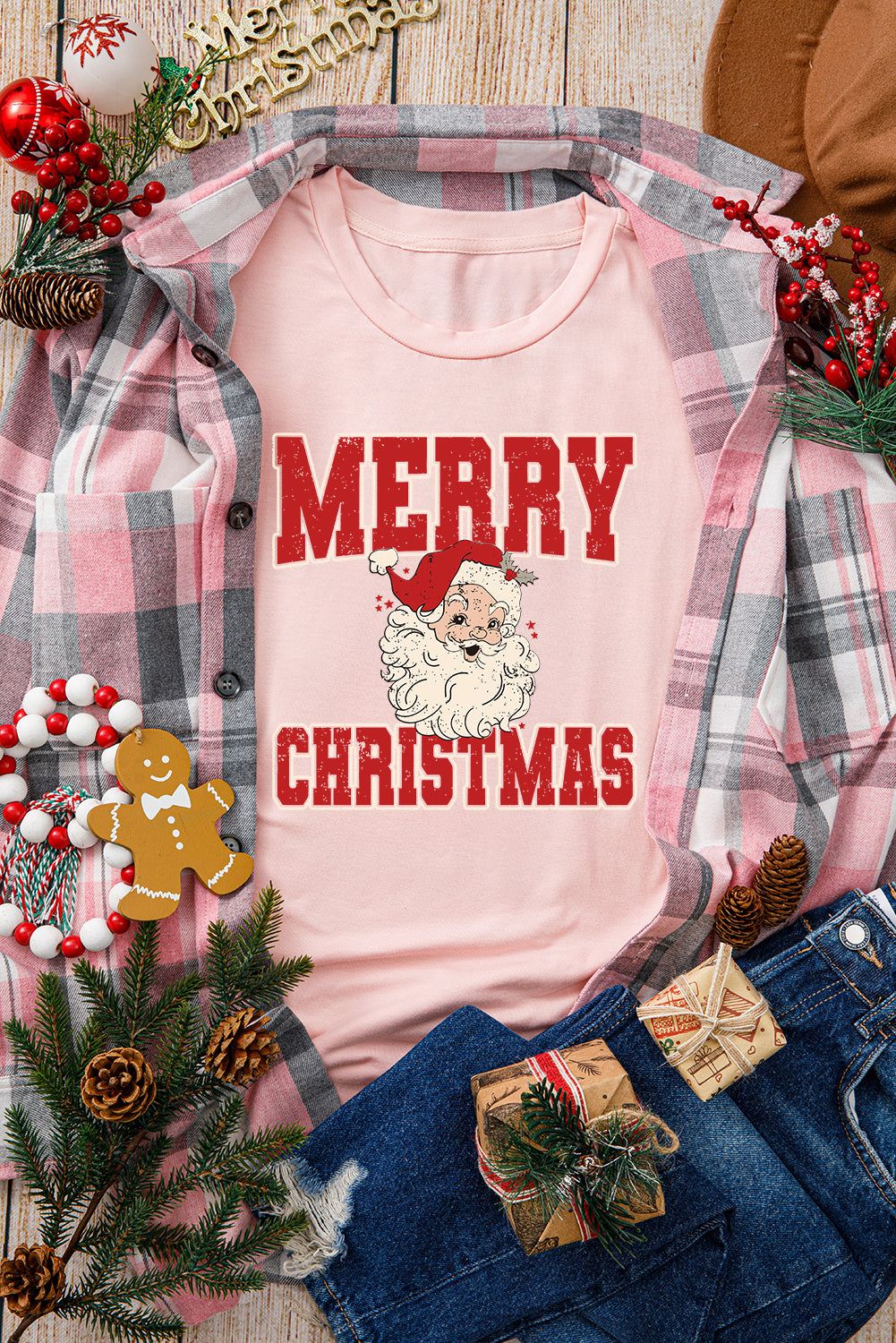 Pink MERRY CHRISTMAS Santa Claus Printed T Shirt