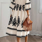 Beige Western Geometric Print 3/4 Sleeve Loose Midi Dress