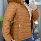 Zipper Pocket Design Shirred Fuzzy Trim Lined Hooded Puffer Jacket