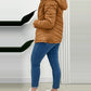 Zipper Pocket Design Shirred Fuzzy Trim Lined Hooded Puffer Jacket