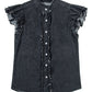 Black Button Front Ruffled Flutter Frayed Denim Top