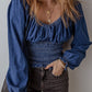 Dark Blue Smocked Ruffled Puff Sleeve V Neck Denim Blouse